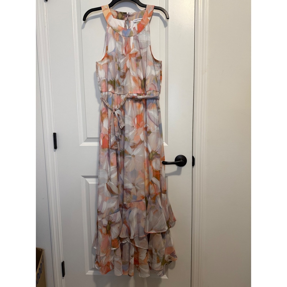 Calvin Klein Maxi Dress‎ Womens 10 Multi Floral Excellent Ruffle Tiered Chiffon